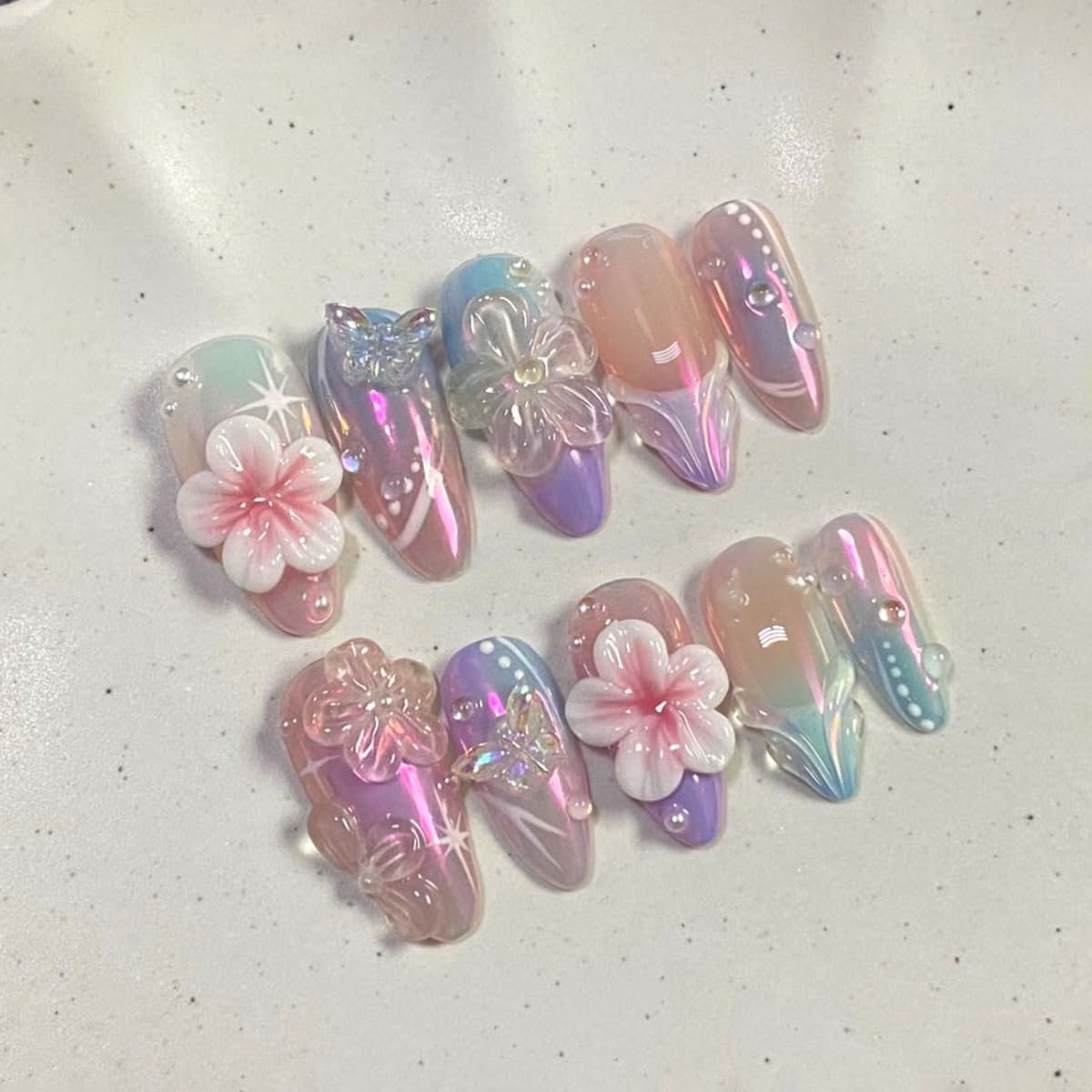 On Nails kort, amandelpaars, Franse 3D, vlinder, bloemen, sterren, design, amandel, nepnagels, paarse tips, bloem, vlinder, Sweet Summer INS kunstmatige kunstnagels