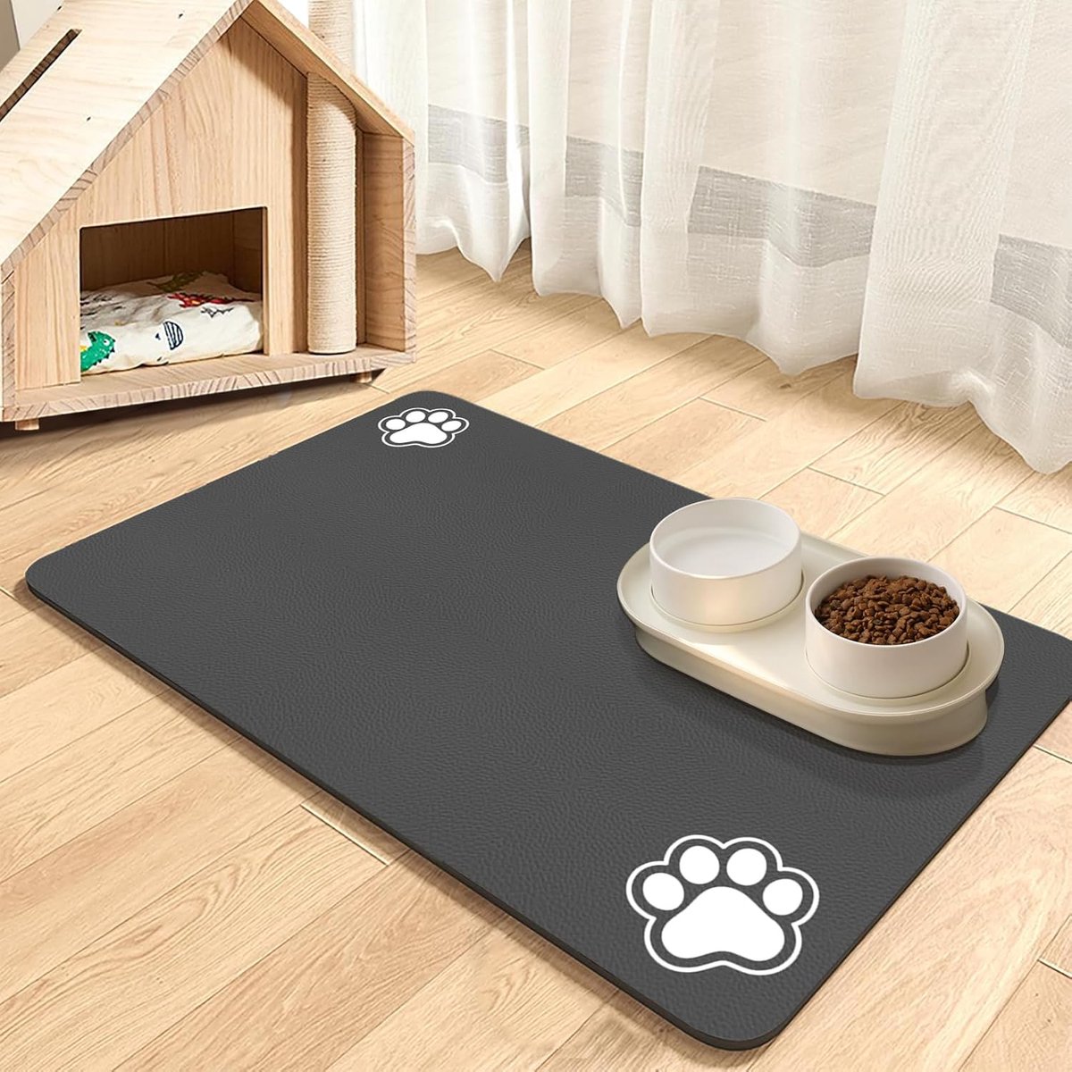 Voedermat voor dieren, absorberende mat voor voer- en waterbak, sneldrogend, mat voor honden en katten (donkergrijs, 2 Paws, 60 x 90 cm)