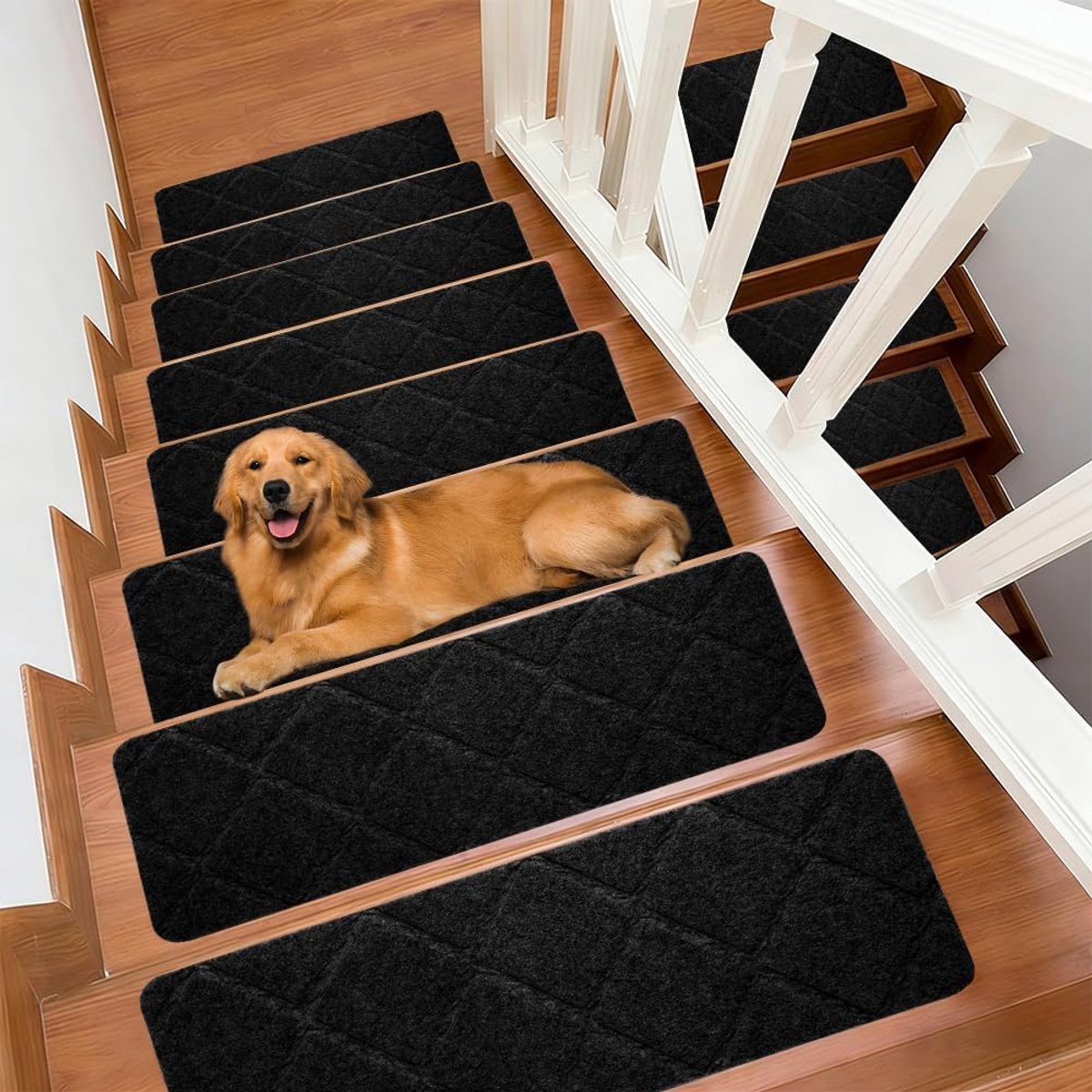 Trapmatten, zelfklevend, set van 15 stuks, 55x19 cm, trapmatten, trapmat voor huis, geschikt voor houten, tegel- en marmeren trappen (Zwart)