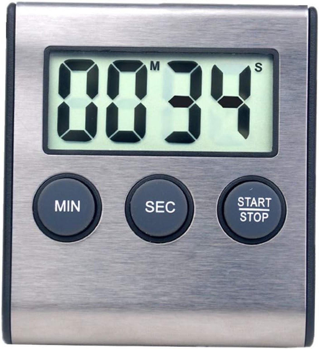 Mini-wekker voor keukenapparaten, tijdschakelaar, 100-minuten countdown-timer voor koken, studeren, sport, vergadering, parkeren, medicijnen, roestvrij staal zwart