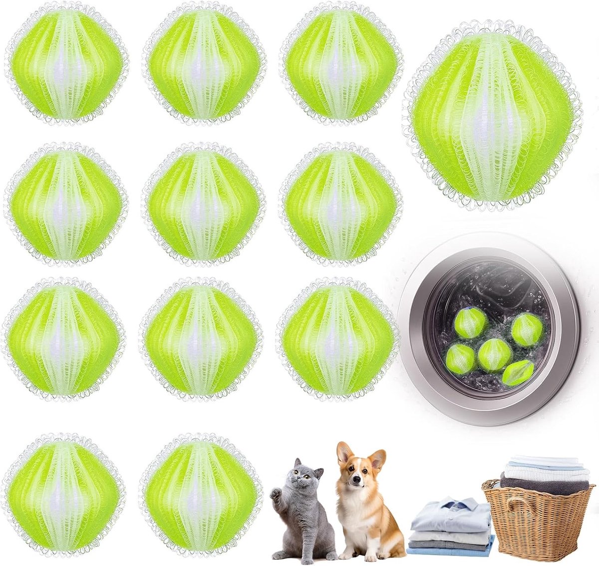 Wasmachine, 12 stuks, nylon, herbruikbare wasbal, Colorfast, wasbal voor honden, katten, reiniging van haar, vermindert klitten (groen)