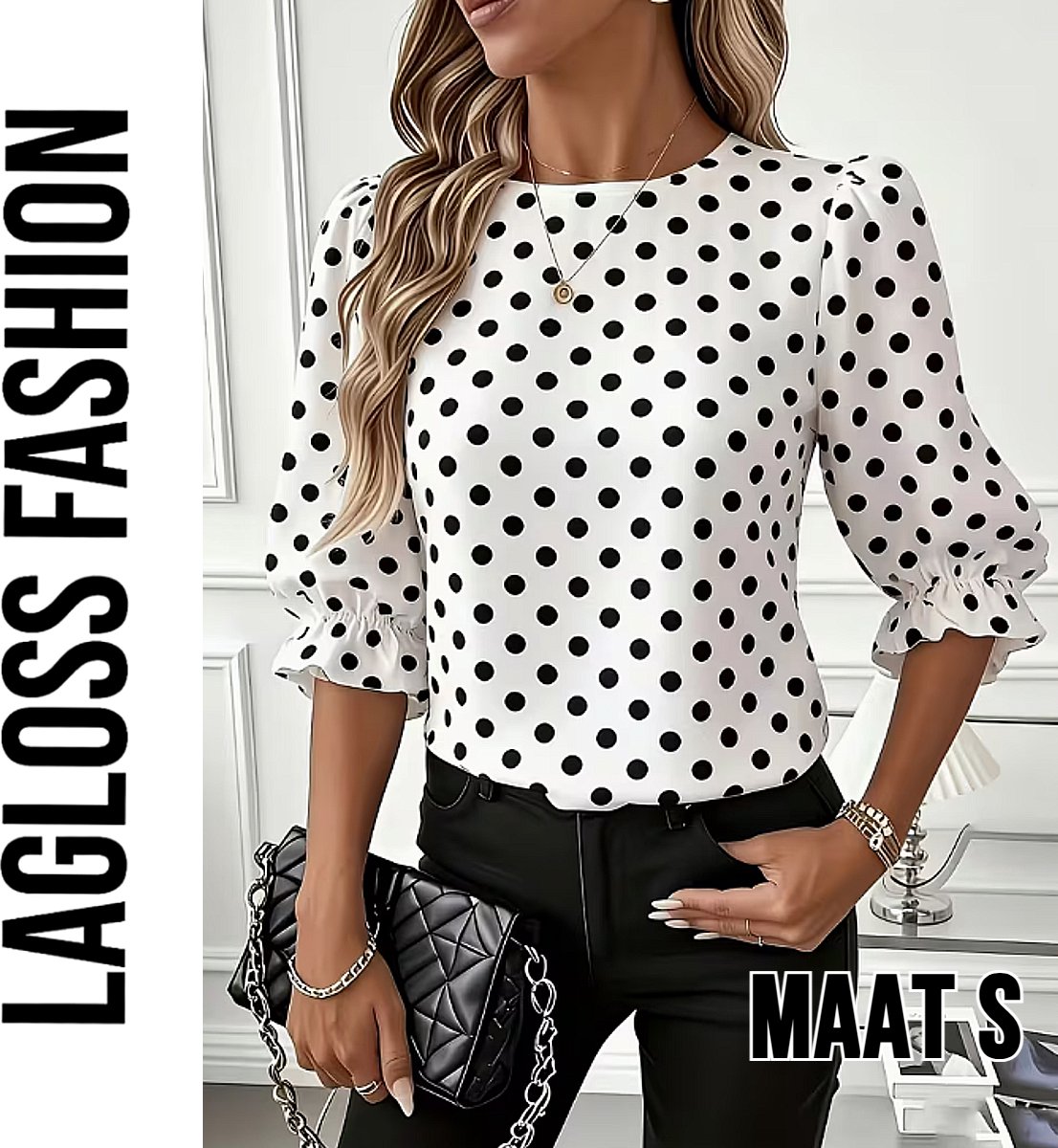 LaGloss® Dames Blouse met Zwarte Polka Dots – Elegante Witte Top met Lantaarn Pofmouwen – Casual & Chique Blouse - Maat S