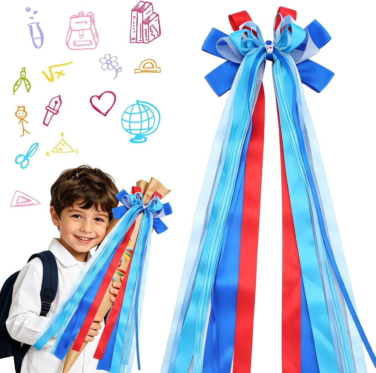 Snoepzakje, strik voor schooltas, blauw, satijn, grote cadeaustrik, eerste schooldag, meisjes en jongens, 60 x 20 cm, lange banden, decoratie voor geschenkverpakking