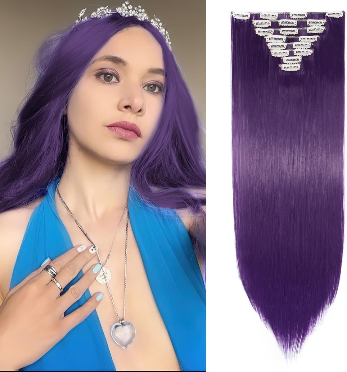 Clip-in extensies zoals echt haar, kunsthaar, haarstukje, voordelig, 8 stuks, 18 clips, haarverlenging, glad, haarstukjes, donkerpaars, 66 cm (66 cm), 140 g