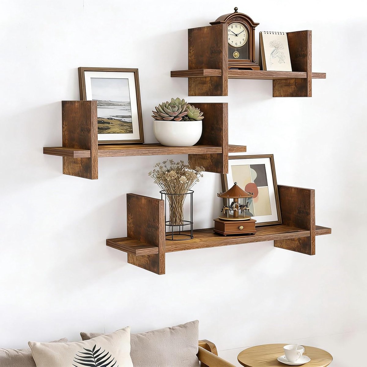 Zwevende planken van massief hout voor keuken, woonkamer, slaapkamer, badkamer, eenvoudig te monteren, wandrek, decoratief hangrek, bruin