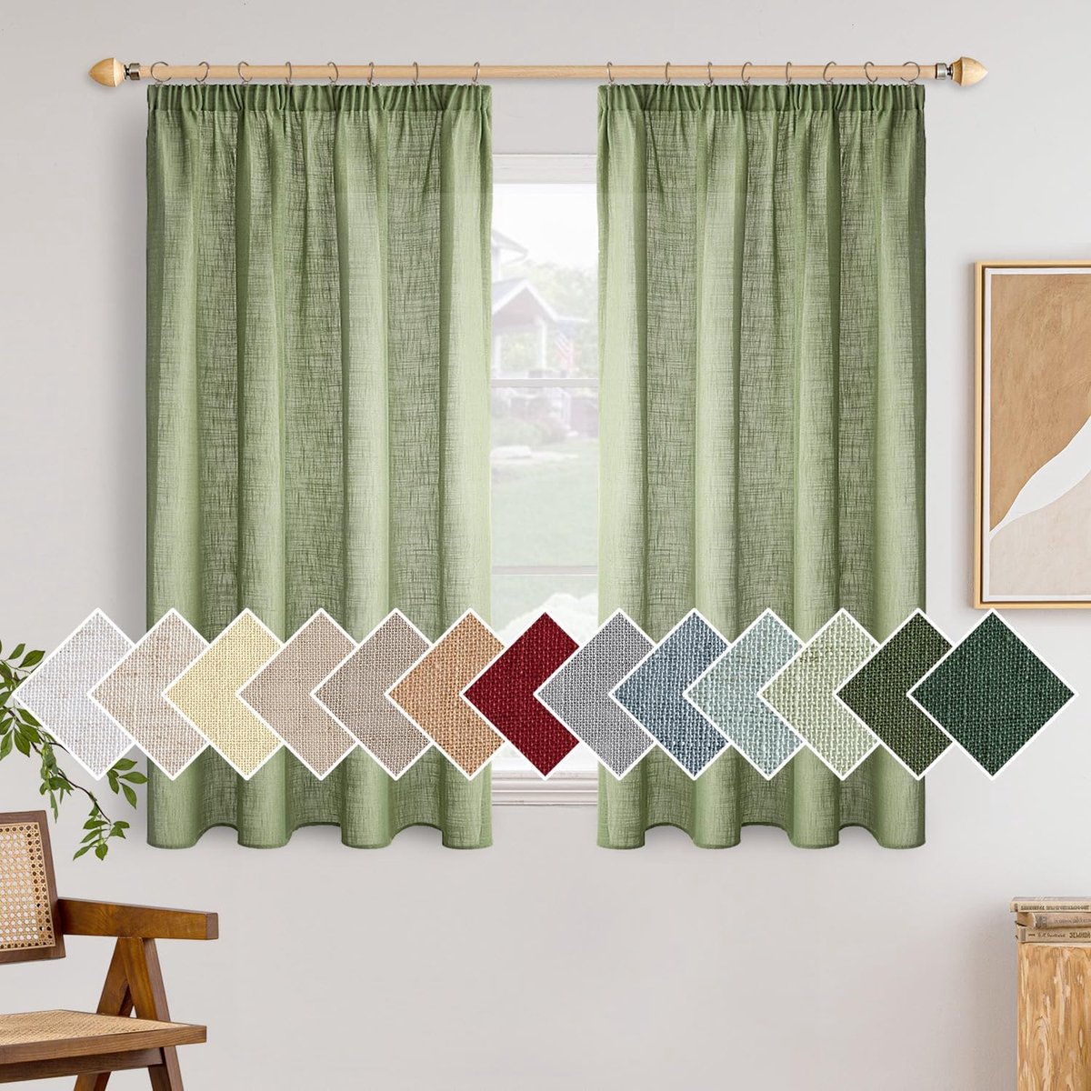 Linnen Gordijnen - Decoratieve Vitrage - Raam Decoratie - Lichtdoorlatend Materiaal - 140x160cm 2 Stuks - Groen