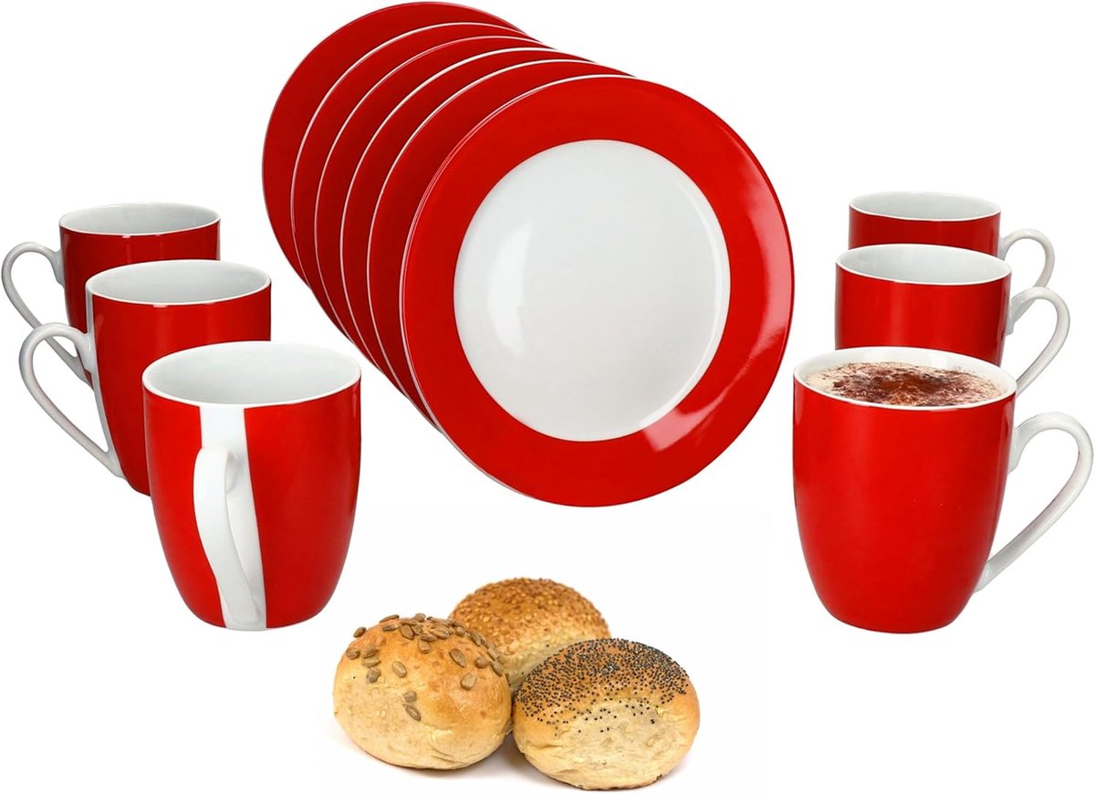Variant Ontbijtset, rood, 12-delig, 6 x kleine borden en koffiekopjes 350 ml, hoogte 10,3 cm, voor 6 personen, kopjes, taartborden, porseleinen servies voor ontbijt- en koffietijd
