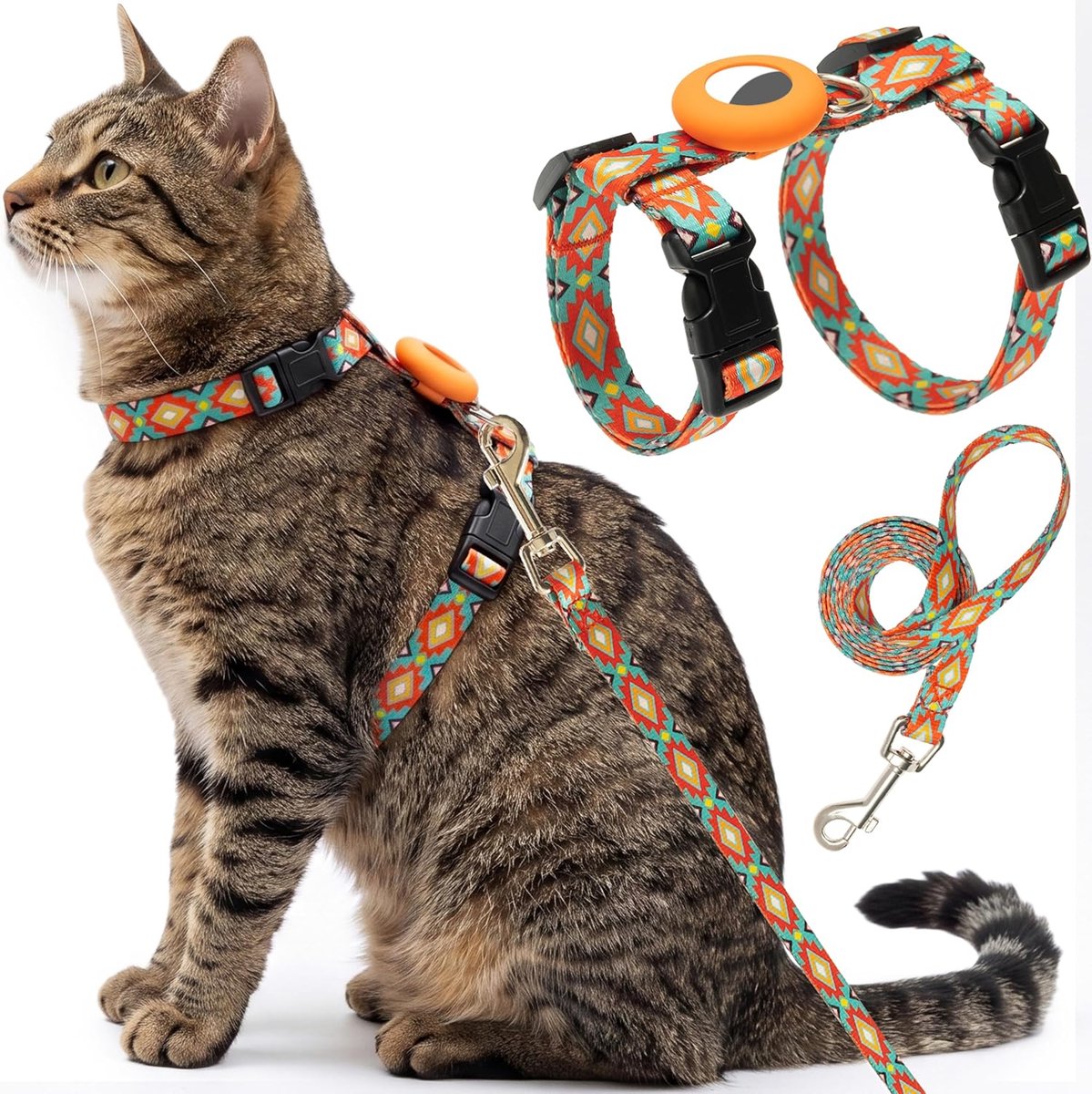 Kattenharnas en riem ontsnappingsbestendig voor wandelen reizen buiten - zacht nylon verstelbaar schattig kattenharnas riem set met Airtag-houder voor kleine grote katten