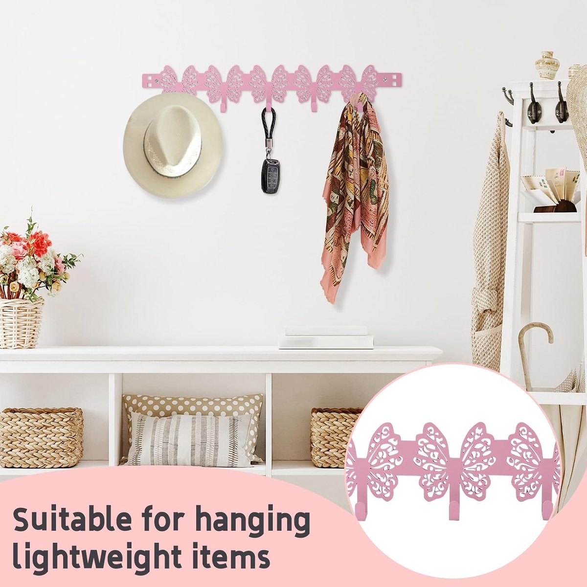Deurhaken, roze vlinderhanddoekenrek met 5 haken, hangende handdoek voor badkameraccessoires, schattige handdoekhanger voor aan de muur voor hoeden, tassen, sleutels, organizer voor