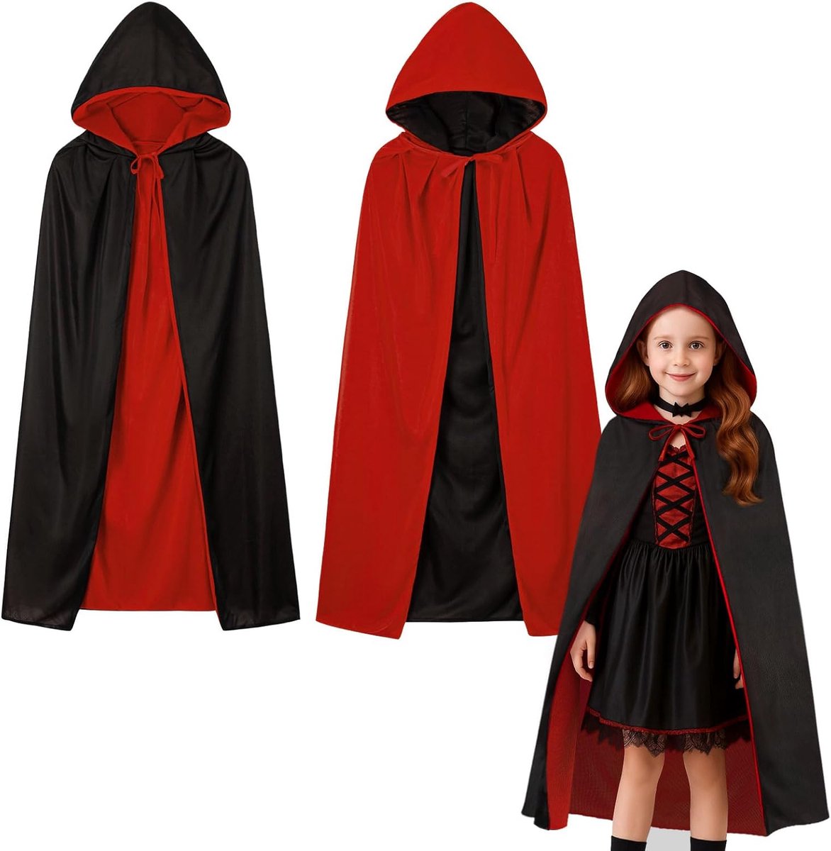Cape met capuchon - Unisex vampierkostuum voor kinderen, dubbelzijdige Halloween-kostuum cape voor meisjes en jongens, 90 cm 120 cm Gothic Dracula jas voor Halloween& carnaval&carnavalsfeesten