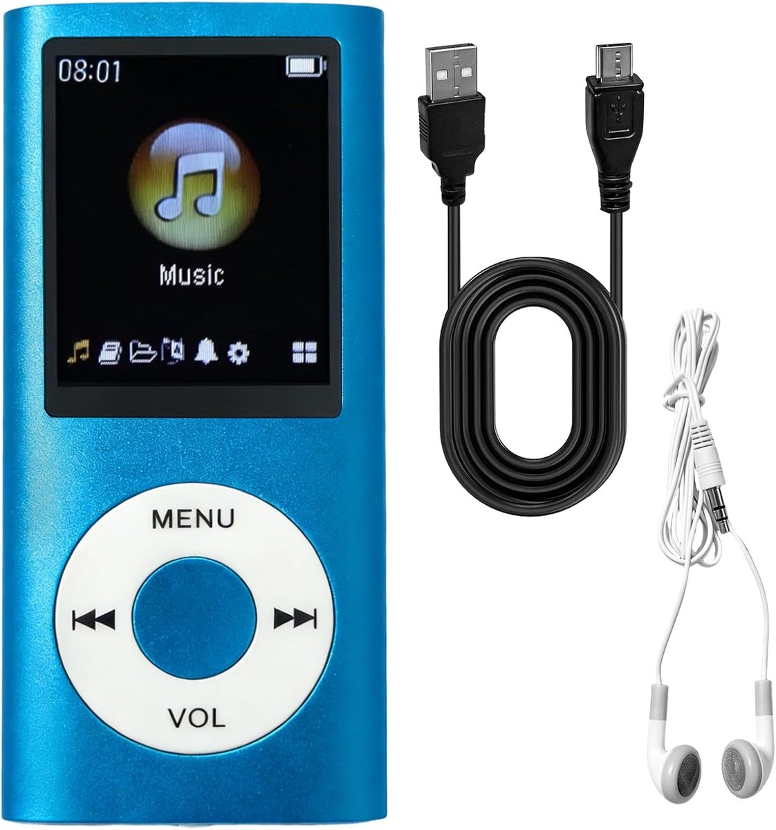 MP3/MP4-speler, muziekspeler MP3 MP4 met oortelefoons, oplaadkabel, videoweergave, spraakopname, FM-radio, hifi-geluid, 1,8 inch lcd-scherm, compact en licht, voor sport en studie (blauw)