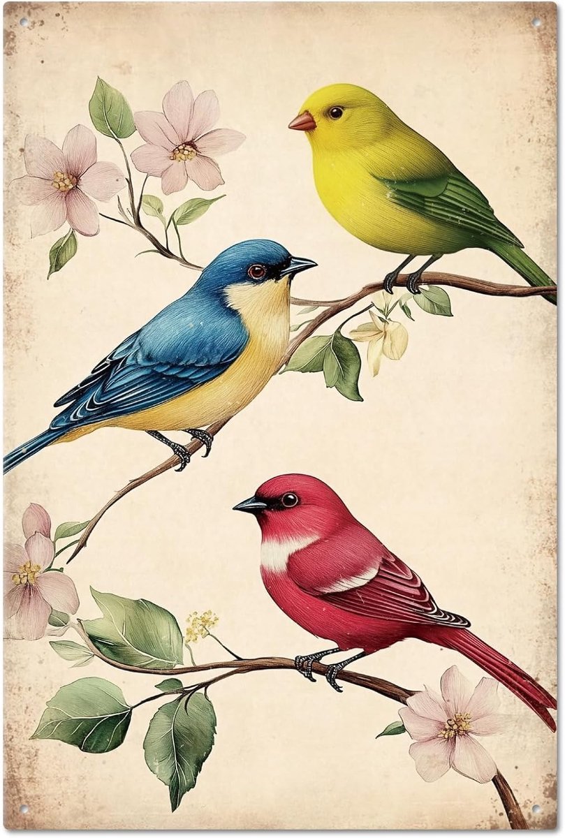 Metalen tinnen bord met vogels kersenbloesem bloemen bladeren tak metalen vintage bord 30 x 20 cm grappige wanddecoratie tinnen borden voor thuis, boerderij, bar, coffeeshop, clubdecoratie