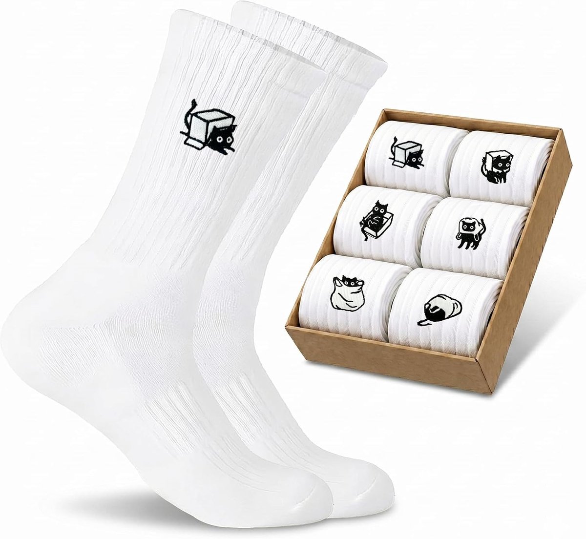 Sokken met borduurpatroon, witte sportsokken voor dames en heren, ademende katoenen sokken met motief (dieren/eten/kunst)