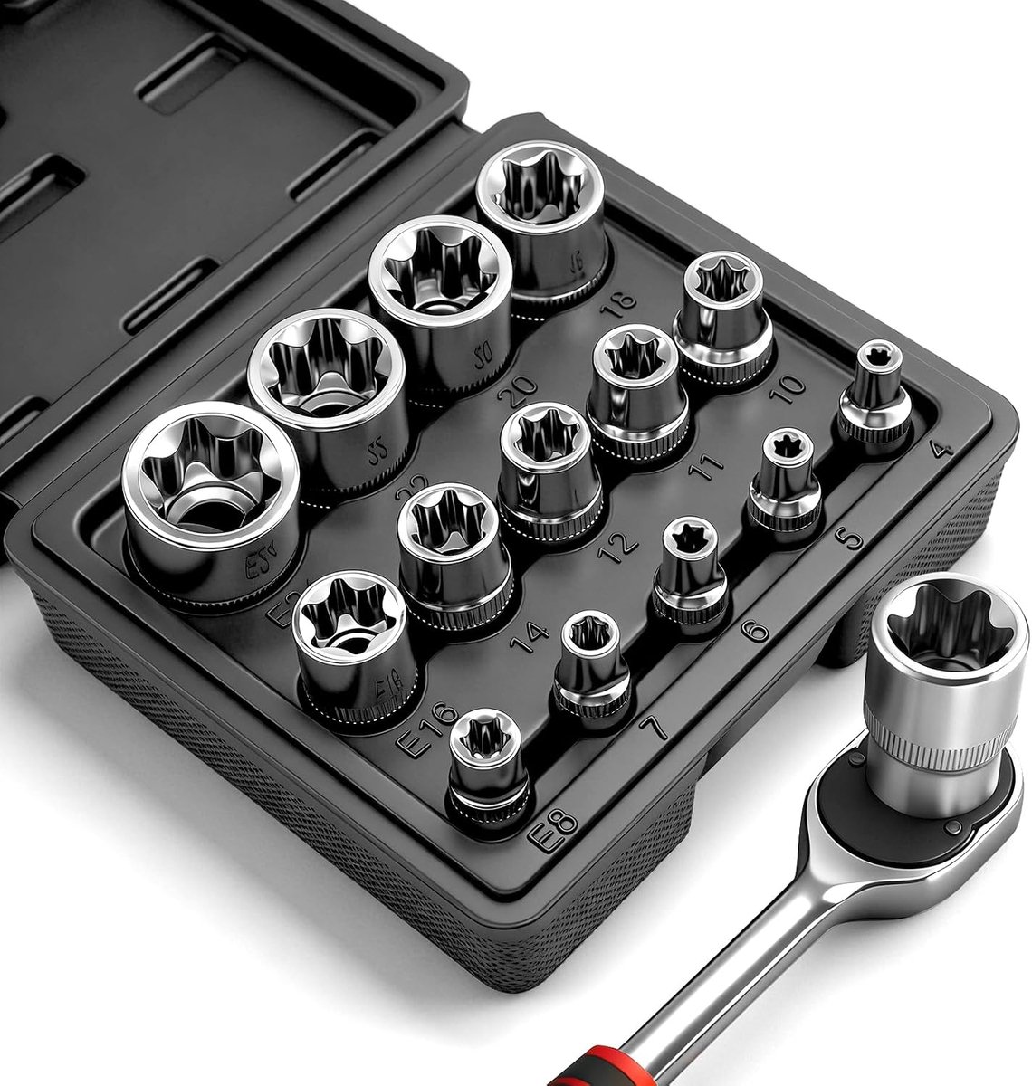 Torx-moersleutelset voor buiten, 14-delig, E4-E24, voor buiten, torx-dopsleutelset van CR-V met opbergdoos, E torxsleutel, moersleutelset 1/2 inch, 1/4 inch, 3/8 inch voor slagschroevendraaier