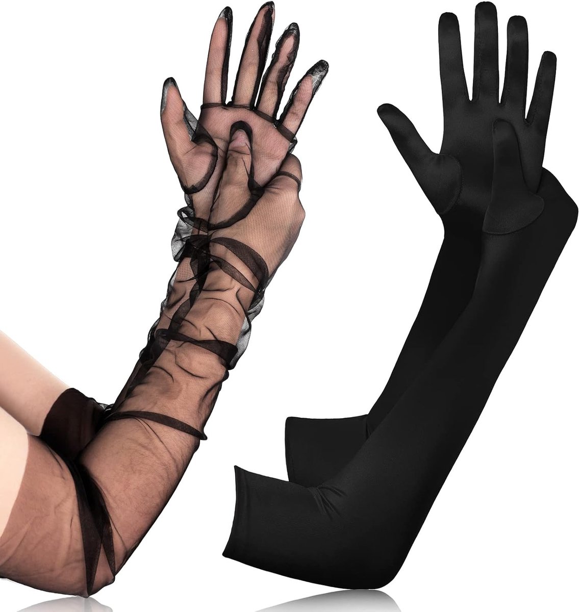 Handschoenen, satijnen elleboog en tule, halftransparante handschoenen voor dames, avond, opera, bruid, bruiloft, carnaval, Halloween, carnaval