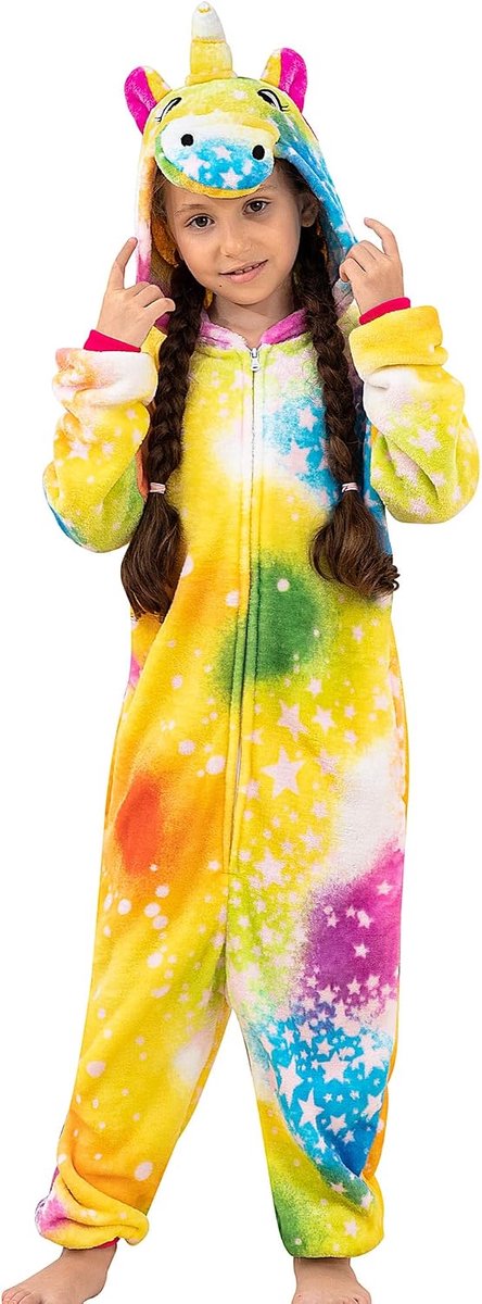 Meisjespyjama, eenhoorn-kostuum, 2-10 jaar, 6 kleuren, eendelig, fleece, flanel, met capuchon
