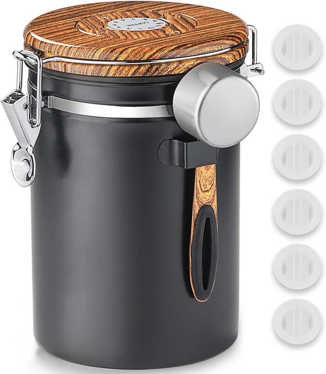 1800 ml koffiebus koffieboon opslag luchtdichte containers roestvrij staal keuken voedselopslagcontainer met datumtracker en schep voor gemalen koffie, bonen, thee, suiker, meel, granen