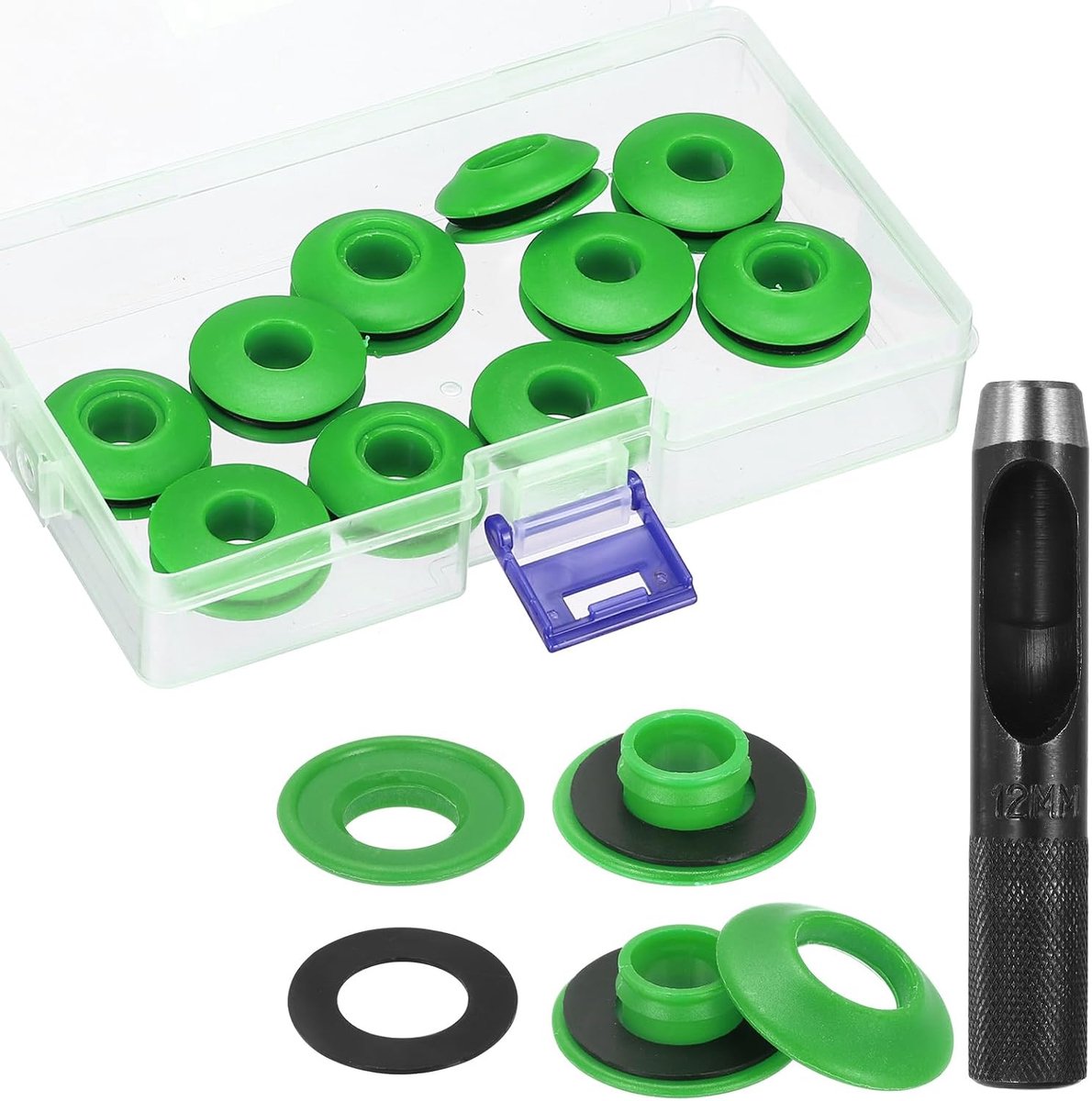 Gereedschapsset voor ingestanste ringen, 14 stuks, set met ronde gaten, 12 mm, tang voor kunststof, roestvrije sluitringen, vrachtwagenzeilen, stoffen, zwembadafdekkingen, tenten, zeilen