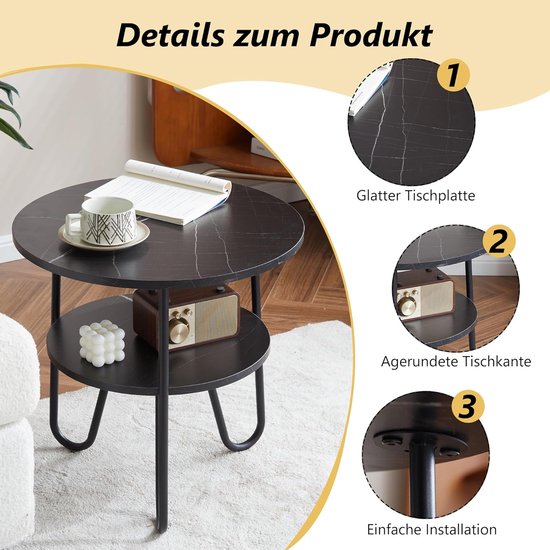Moderne ronde salontafel, 2 planken, zwart, 50 × 50 × 48 cm, woonkamer, slaapkamer, balkon — afbeelding 5