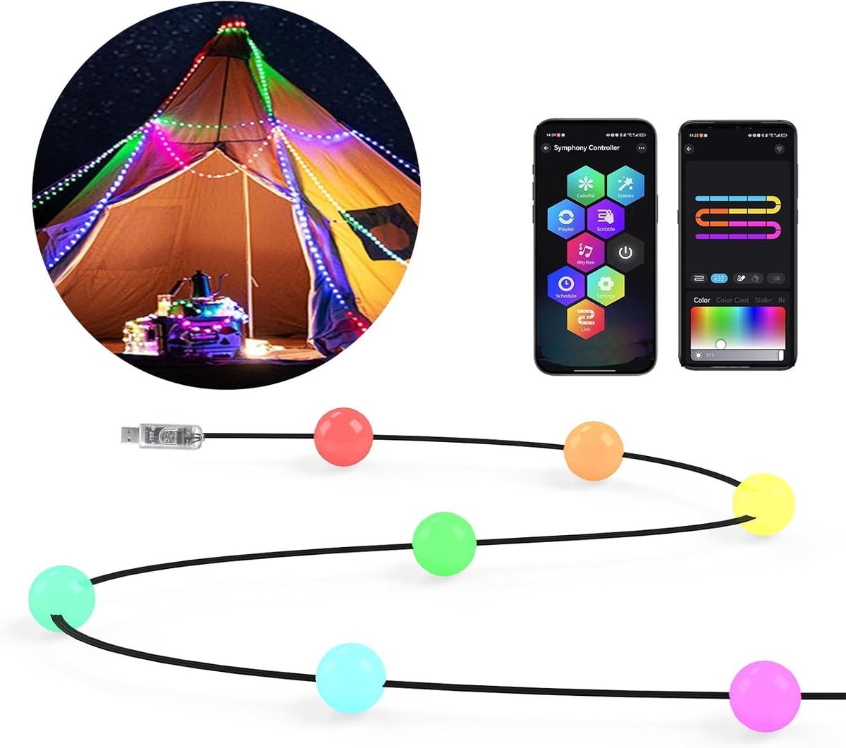 Ball LED lichtketting USB, 10 m, 66 LEDs RGB, voor binnen en buiten, met muzieksynchronisatie, kleurrijk, afstandsbediening en app voor Halloween, Kerstmis