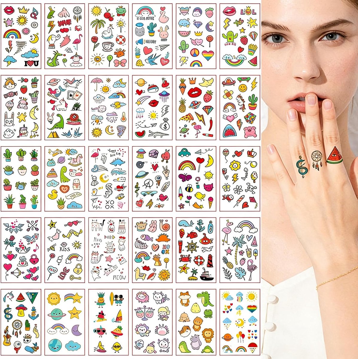 30 Vellen Schattige Tatoeagestickers, Waterdicht, Duurzaam, Modieus, Schattig, Lief, Cartoon, Leuk, Tijdelijk