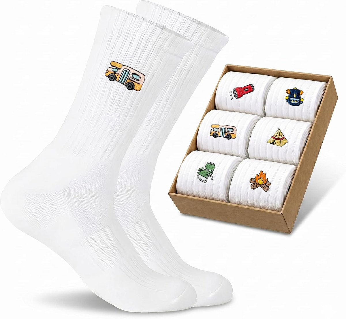 Sokken met borduurpatroon, witte sportsokken voor dames en heren, ademende katoenen sokken met motief (dieren/eten/kunst)