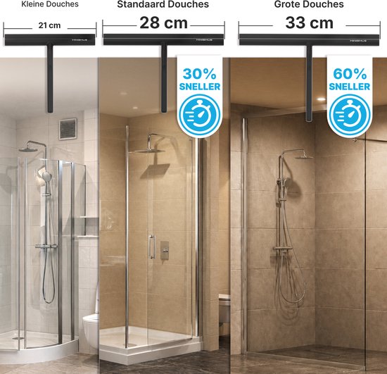 Trois raclettes de douche Minismus de 21 cm, 28 cm et 33 cm, présentées au-dessus de différentes cabines de douche.