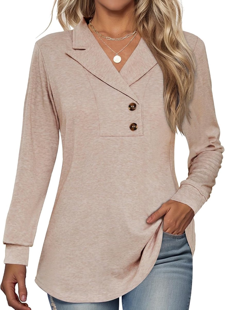Lange mouw knop revers tuniek tops V-hals zakelijke casual swing sweatshirt pullover 2025