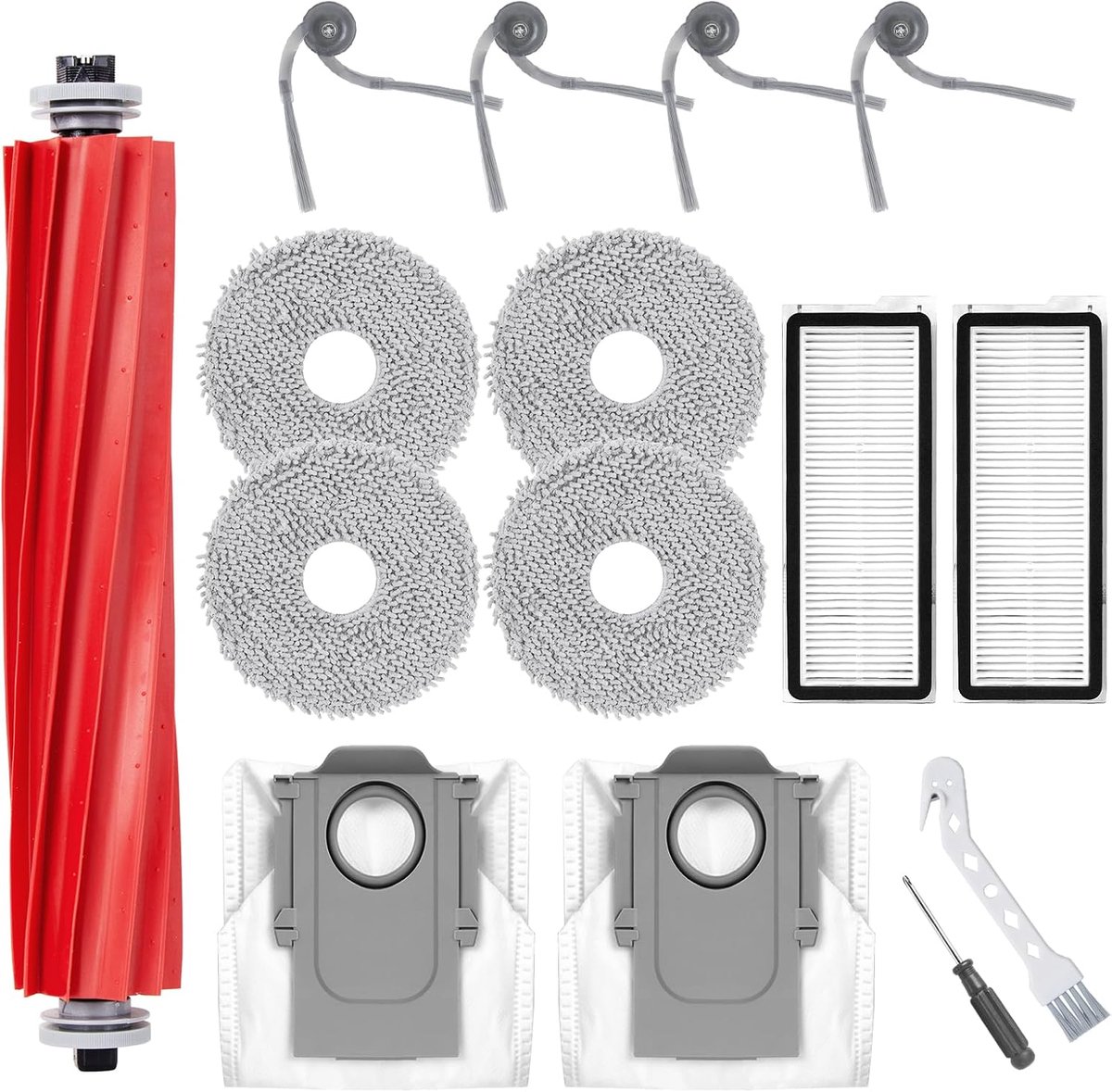 15 accessoireset voor Roborock QV 35A / QV 35S robotstofzuiger, 1 hoofdborstels, 4 zijborstels, 2 filters, 4 reinigingsdoeken, 2 stofzakken, 1 reinigingsborstel, 1 schroevendraaier