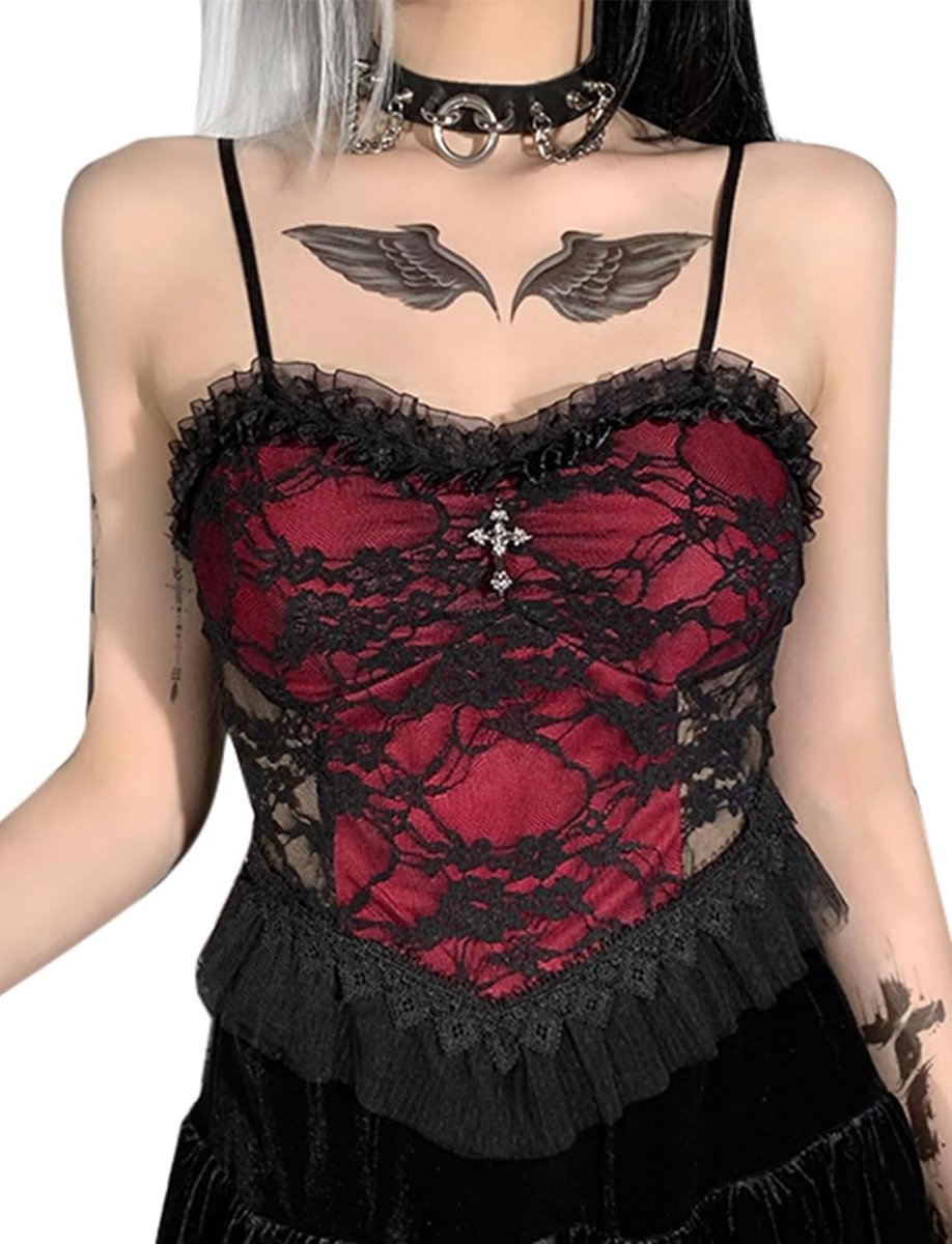 Crop Top Y2k Gothic kanten tanktop voor dames, spaghetti buikvrij bovendeel cami/haltertop, V-hals, streetwear, club, party, emo grunge outfit