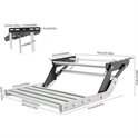 Inklapbare aluminium campertrap met afmetingen gemarkeerd. Zilverkleurige treden met zwarte strips.