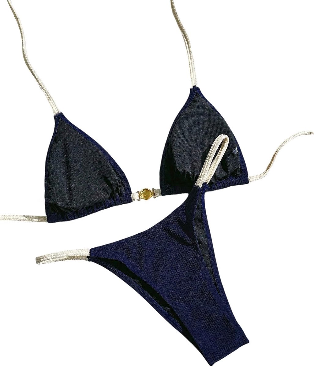 Bikini dames set met metalen deel decor badpak set halter bikini bovendeel en bikini broek Spring Break badmode set zwemkleding strandoutfit