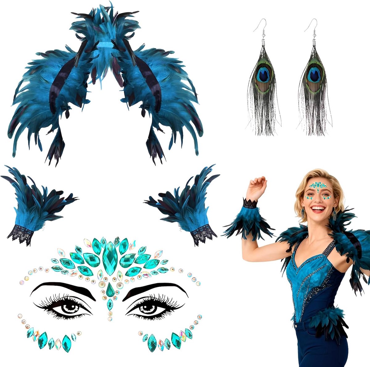 Carnavalskostuum voor dames, pauw, 4-delige set, carnavalskostuums met verencape, armwarmers, oorbellen en gezichtssieraden, pauwenkostuum dames & kostuum, pauwaccessoires, blauw
