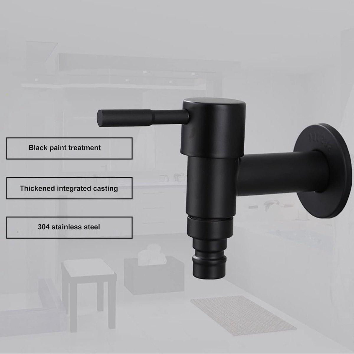 Koudwaterkraan, Badkamer Koudwaterkraan Zwart 304 Roestvrij Staal Wandmontage Eenvoudige Installatie G1/2 Draad voor Tuinen (voor Wasmachine)
