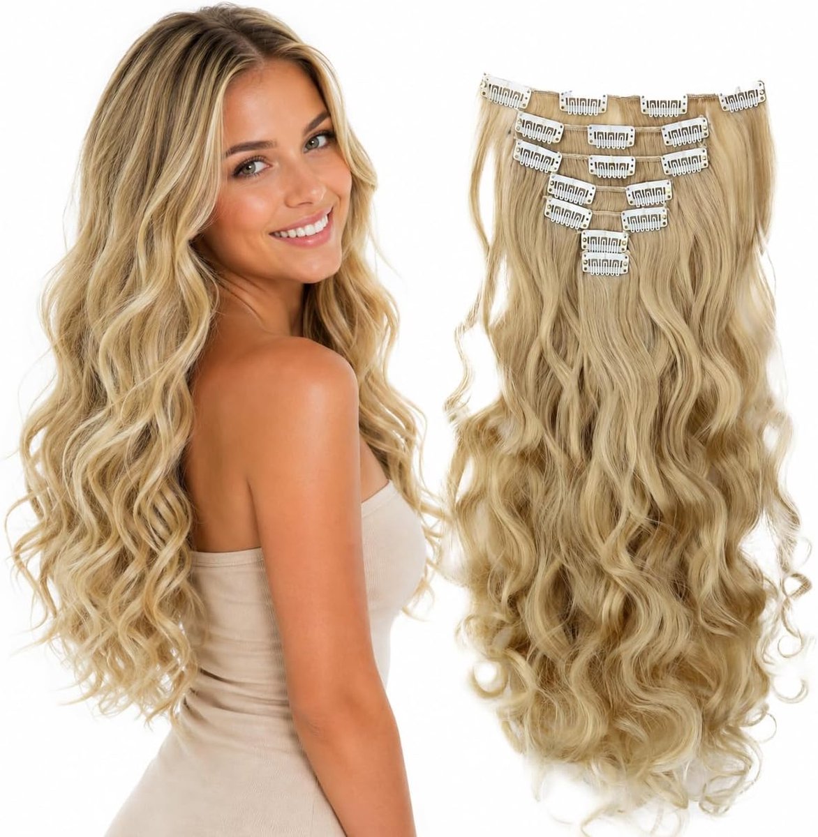 XXL 45cm 8 Delige Set CLIP IN EXTENSIONS Haarextensies Haarstukje Golvend Blond Mix CES7-1