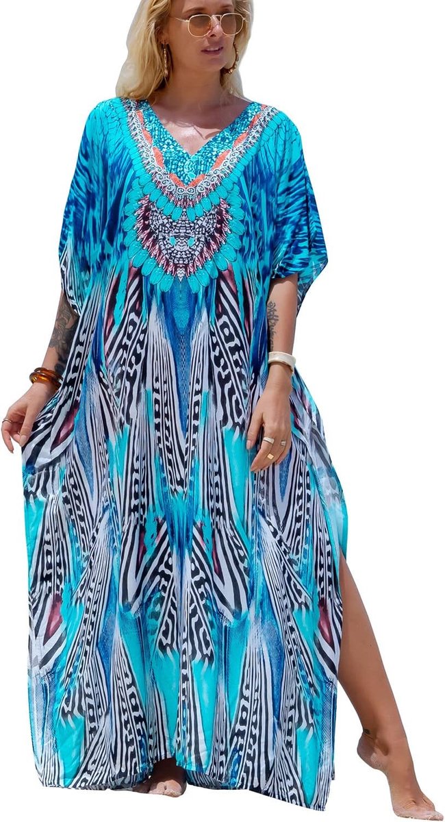 Bohemian Cardigan voor Dames, Lange Strand-kimono, Bedekkende Jurk voor Zwemkleding, Jurk in Grote Maat, B Blauw, one size