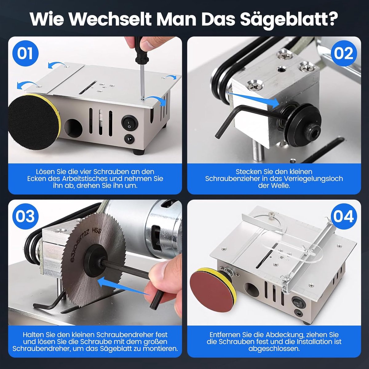 Mini-tafelcirkelzaag met polijstschijf en 4 messen, mini-cirkelzaag met 7 versnellingen, instelbaar, 0,1-15 mm zaagblad in hoogte verstelbaar, draagbare tafelcirkelzaag, klein voor nauwkeurig