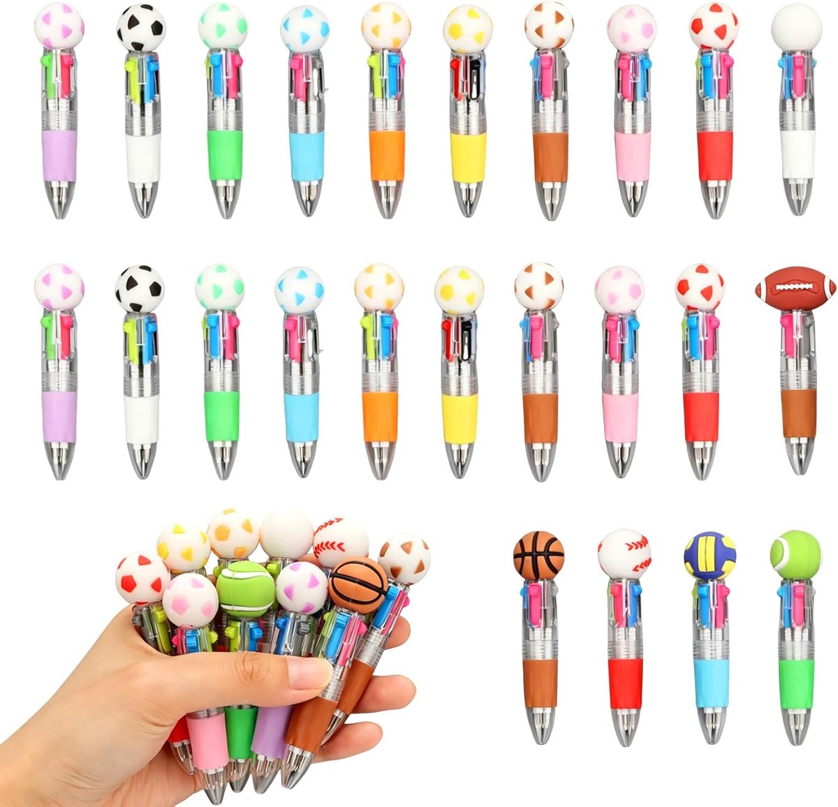 24 stuks voetbalpen, 4-in-1 balpen, 0,7mm inktzinkbare balpen voor studenten, kado voor kantoor, verjaardag, schoolbenodigdheden