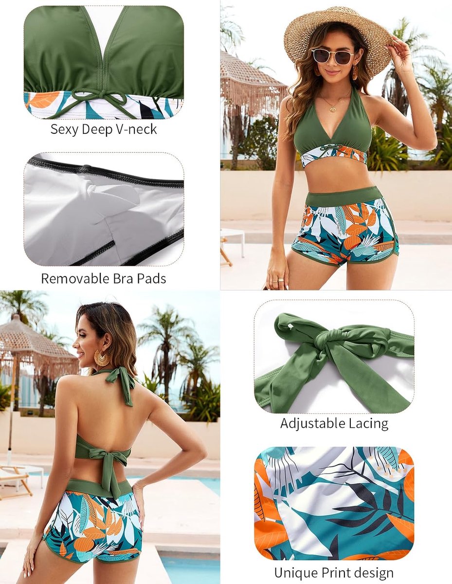 Sets voor dames, diepe V-hals, zwempak, hoge taille, buikcontrole, badmode, haltertop met boyshorts, zwemkostuum