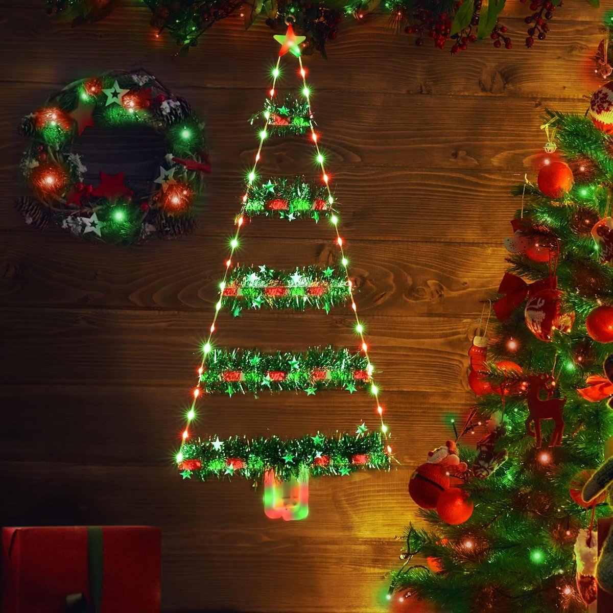 Kerstverlichting voor buiten, batterij, 81 cm, kerstboomladder, lichtketting met lamettaslinger, timer, 8 modi, groen en rood raamlicht voor binnen, raam, feest, bruiloft, deur, kerstdecoratie