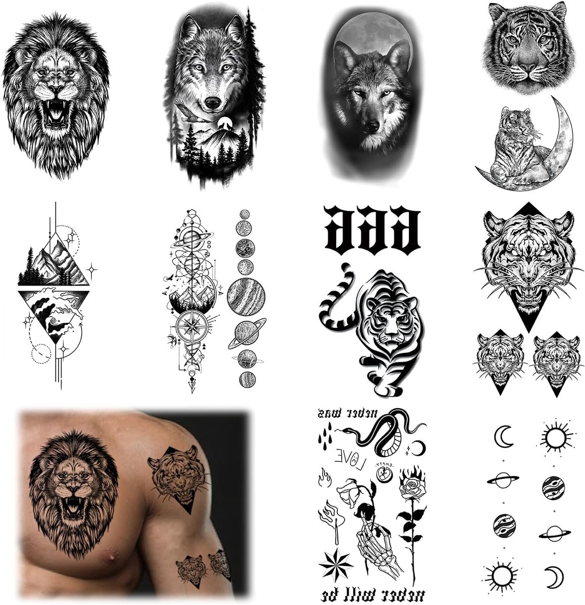 Tijdelijke tatoeages, waterbestendige nep-tatoeages om op te plakken, 10 verschillende motieven in zwart (tijger, wolf, leeuw enz.), die op handen, benen en andere lichaamsdelen kunnen worden geplakt,