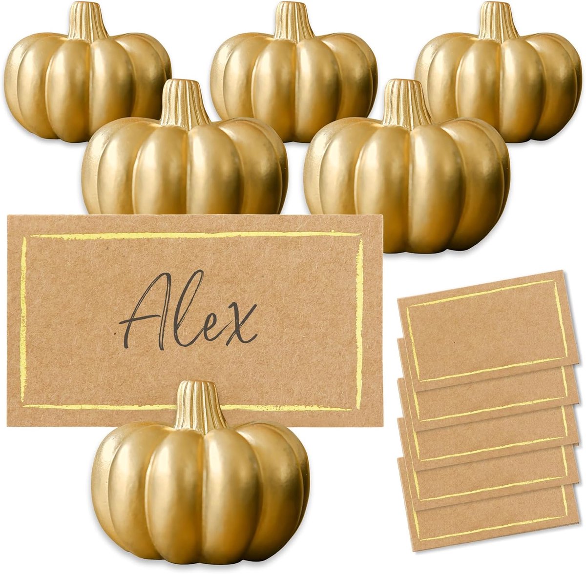 Aspen Fall Decor Mini Gold Pompoen Tafelkaarthouder (6 stuks), perfect voor Thanksgiving tafeldecoratie, herfstthema-bruiloften, bruidsboeketten