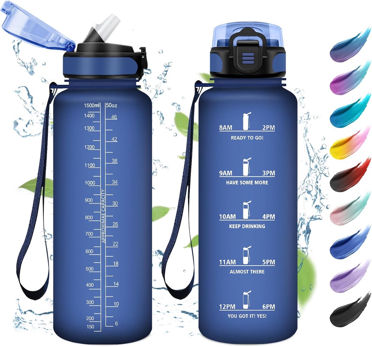 Sportdrinkfles met rietje, 1,5 l, gemakkelijk te openen, herbruikbare fles, sportfles met motiverende tijdweergave, voor sportschool, camping, reizen