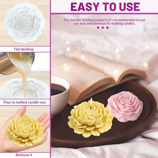 4-delig Bloem Siliconen Kaarsmal, Pioen Roos Hibiscus Lotus 3D Kaarsen Maken Wax Zeep Epoxy Hars Mal voor Handwerk met 12 Pitjes — afbeelding 4
