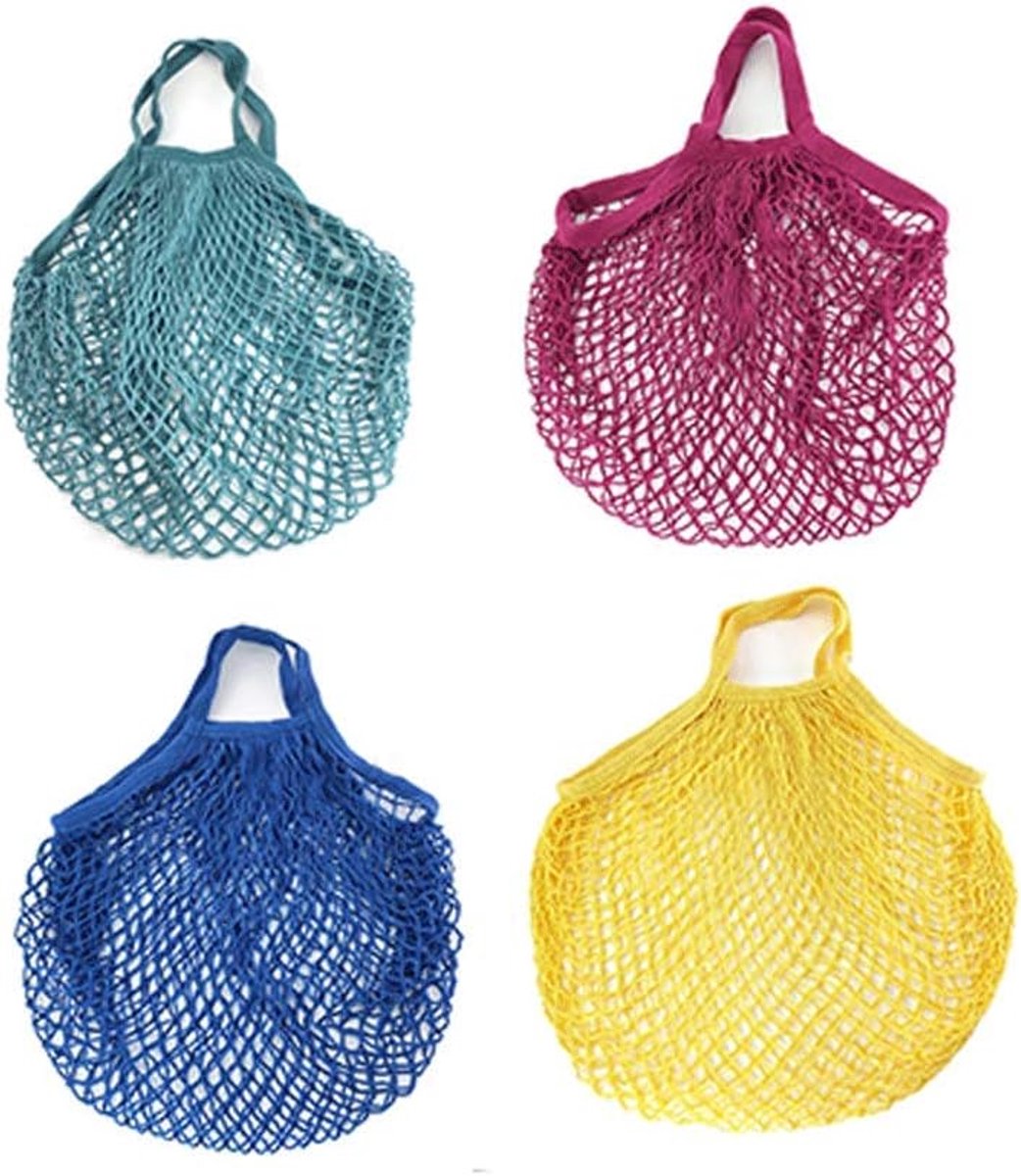 Set van vier kleurrijke mesh geweven mesh schoudertas herbruikbare fruit boodschappentas katoenen draagtas mesh boodschappentas tassen en manden |
