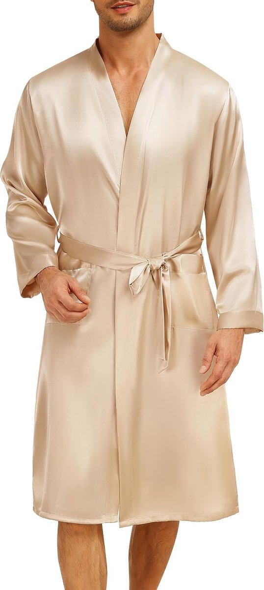 Badjas voor heren, satijn, lichte kimono, badjas van zijde, lange mouwen, nachthemd voor heren, badjas en nachtkleding met riem en zak