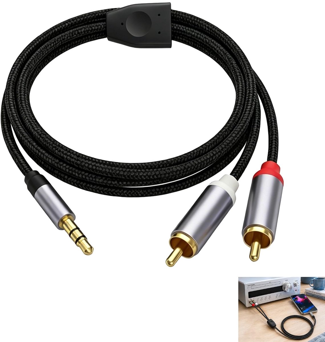 RCA-jackkabel, cinch-jackkabel, audiokabel 3,5 mm mannelijk naar 2 RCA-stekkers, stereo, 2 m, RCA-kabel, tv, pc, telefoon, tablet, versterker, soundbar, thuisbioscoop, hifi-installatie, DVD, autoradio