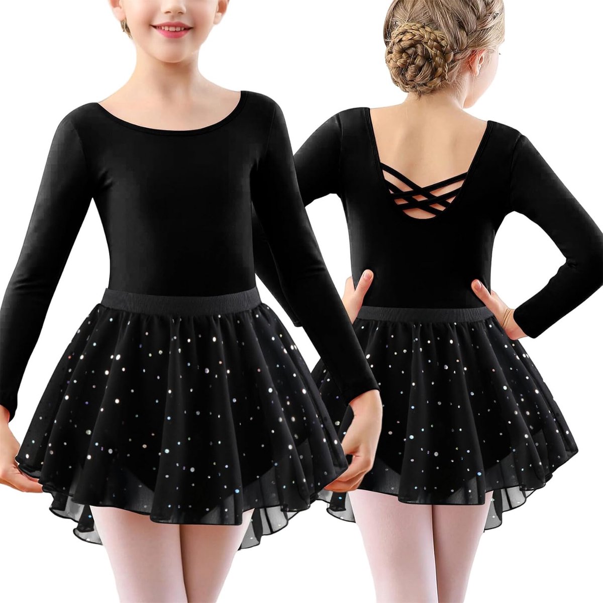 Balletkleding voor meisjes, lange mouwen, katoen, balletjurk, balletpakje met balletrok, rugvrij, glitter-dansjurk, modieus turnpak, balletbody met rok, tutu 120-160
