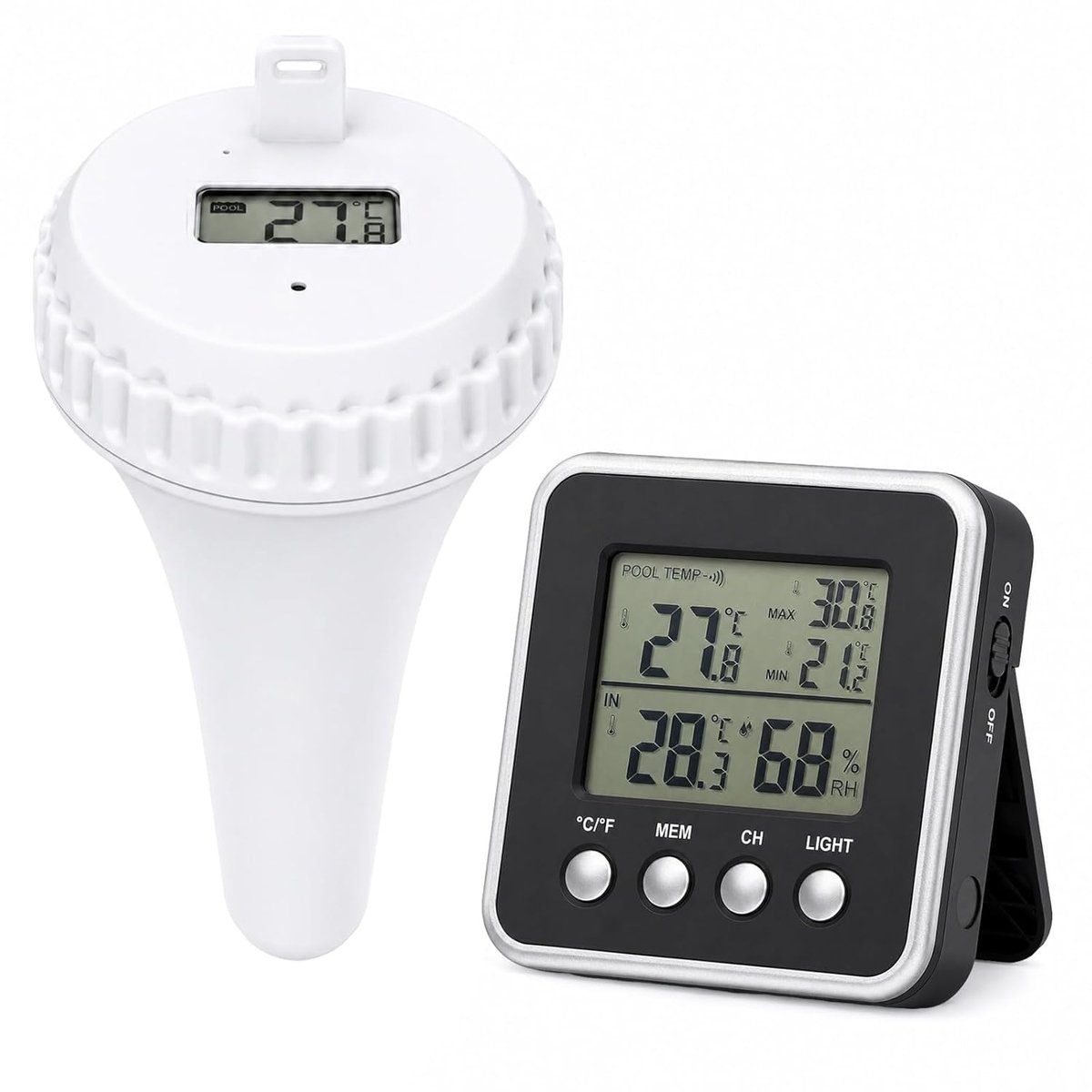 Zwembadthermometer met 150m Bereik, IPX8 Waterdicht | Drijvende Watertemperatuursensor met Binnenmonitor, Achtergrondverlicht Display voor Zwembad, Spa en Vijver