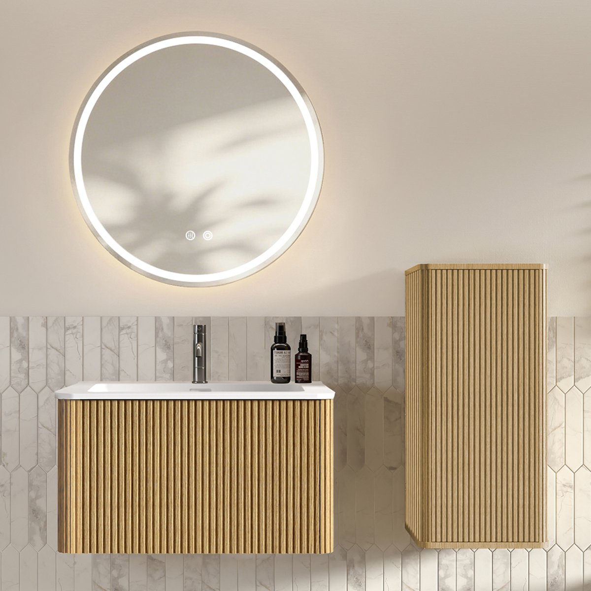 Badkamermeubelset met wastafel en LED-spiegel - Complete oplossing voor kleine badkamer - 80 cm - Eiken - Ronde antidamp spiegel - Verticale groeven - Voorgemonteerd
